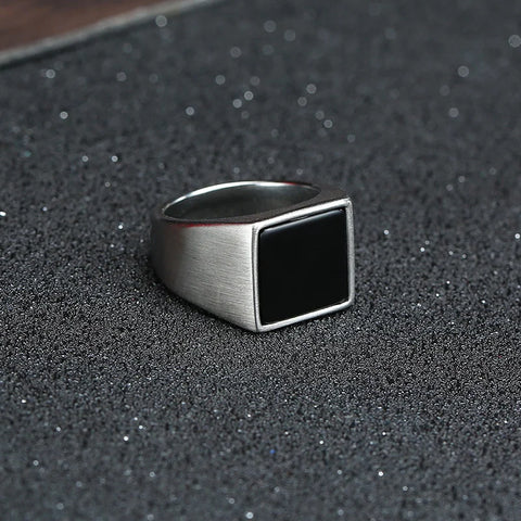 Signet Ring for Men Black Square Top Stainless Steel Finger Band Gothic Rings