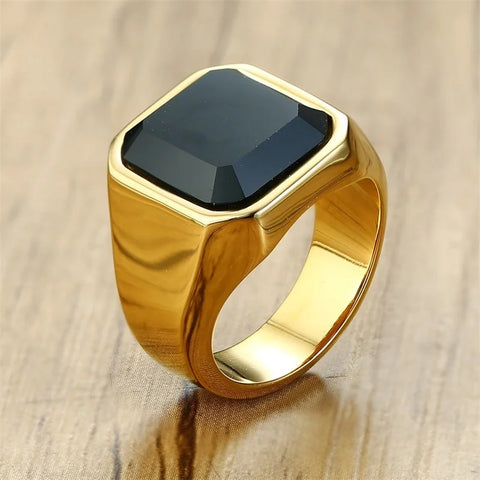 Signet Ring for Men Black Square Top Stainless Steel Finger Band Gothic Rings