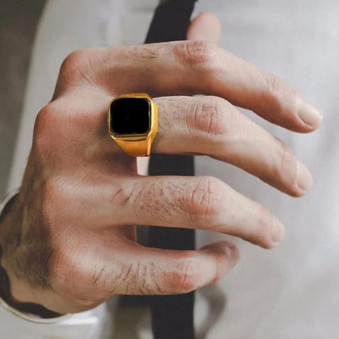 Signet Ring for Men Black Square Top Stainless Steel Finger Band Gothic Rings