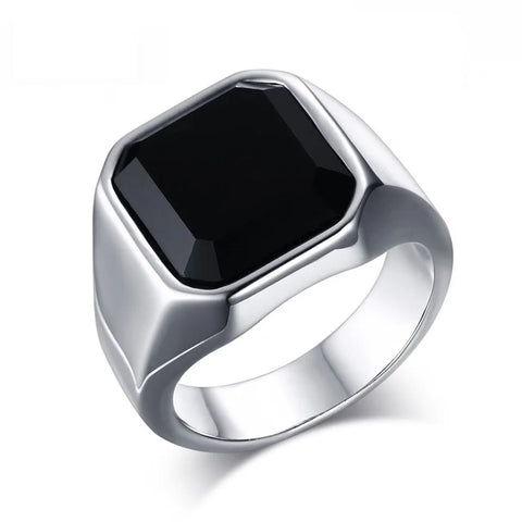 Signet Ring for Men Black Square Top Stainless Steel Finger Band Gothic Rings