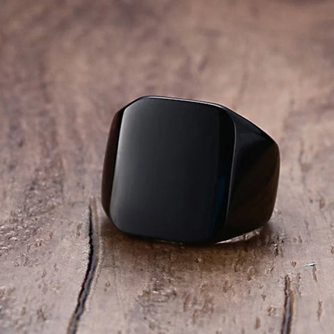 Signet Ring for Men Black Square Top Stainless Steel Finger Band Gothic Rings