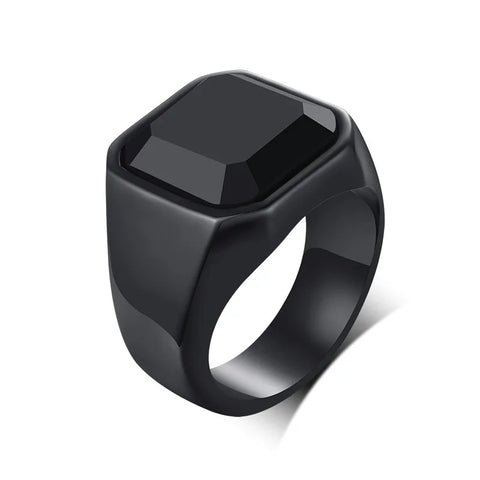 Signet Ring for Men Black Square Top Stainless Steel Finger Band Gothic Rings
