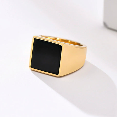 Signet Ring for Men Black Square Top Stainless Steel Finger Band Gothic Rings