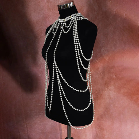 Classic Long Imitation Pearl Dress Heart Pendant Body Chain