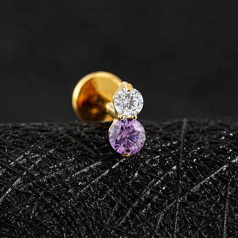 Titanium 16G Double CZ Cartilage Earring Tiny Two Stone Flat Back Labret Stud