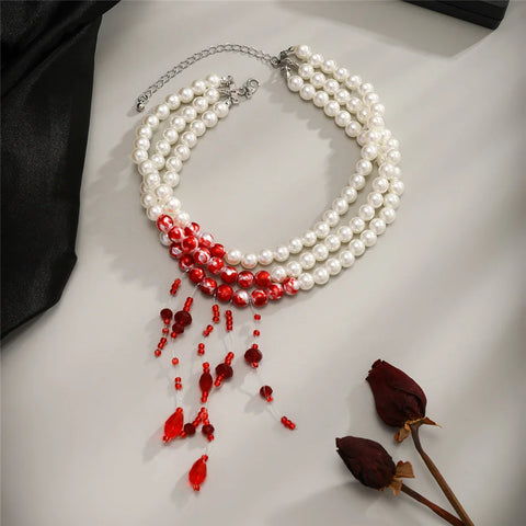 Multilayer Vintage Red Blood Pattern Imitation Pearl Tassel Pendant Necklace for Women