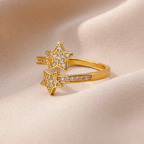 Zircon Double Star Rings For Women Girls Stainless Steel Gold Color y2k Ring