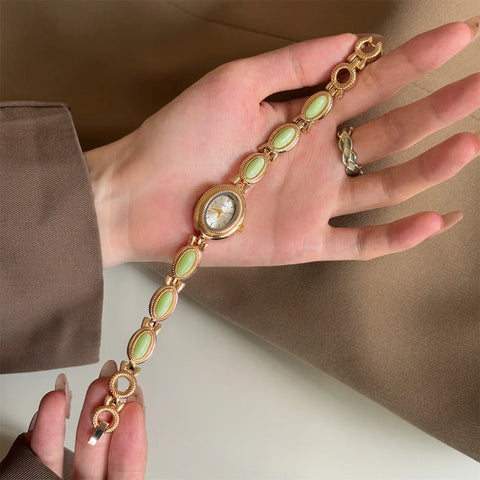 Colored Gemstones Ladies Watch Oval Elegant Wristwatch Luxury Gift Bracelet Watch