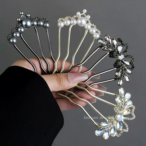 Women Elegant Style Metal Forks Vintage Pearl Hairpins