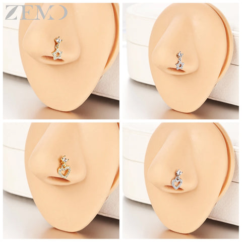 Girls Cubic Zircon Nose Studs Flower Star Heart Nostril Piercings Jewelry