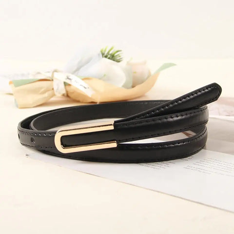 Fashionable and Versatile Black Leather Thin Belt for Women