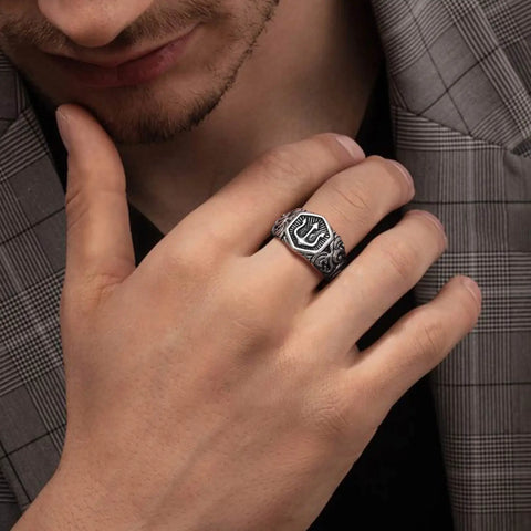 Tridant Signet Ring for Men Stainless Steel Geometric Top Stamp Finger Band