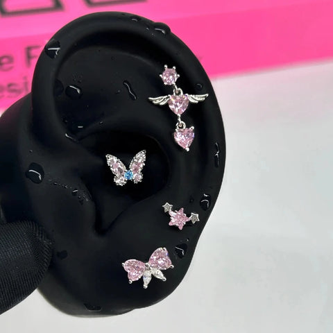 Zircon Pink Cross Ear Bone Nail 316L Stainless Steel Cochlea Piercing Jewelry