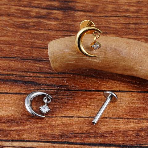 Titanium CZ Moon Cartilage Earring Tiny Crescent Moon CZ Dangle Helix