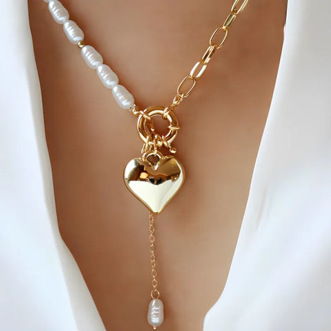 Trend Elegant Jewelry CCB Heart Pendant Necklace Geometry Faux Pearl Chain