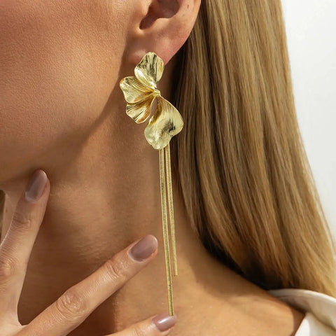 Salircon Elegant Gold Color Flower Long Tassel Pendant Earrings