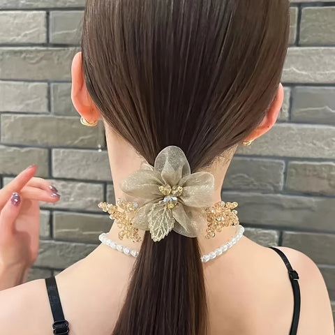 Embroidered Leaf Mesh Ponytail Headband