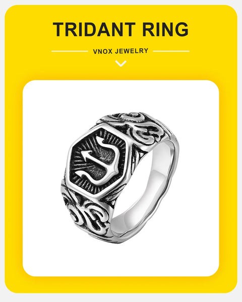 Tridant Signet Ring for Men Stainless Steel Geometric Top Stamp Finger Band