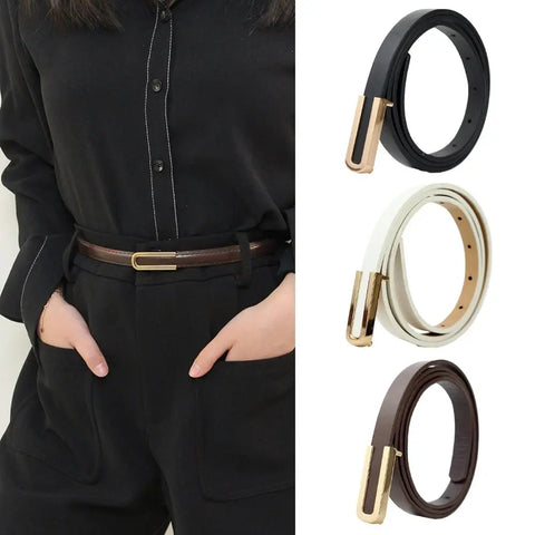 Fashionable and Versatile Black Leather Thin Belt for Women