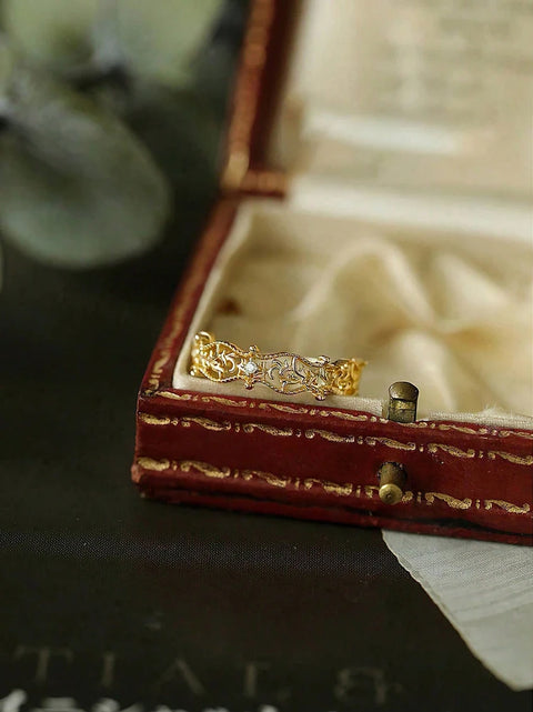 Sterling Silver Vintage Hollow Branches Leaves Round Zircon Ring For Women Party