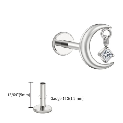 Titanium CZ Moon Cartilage Earring Tiny Crescent Moon CZ Dangle Helix