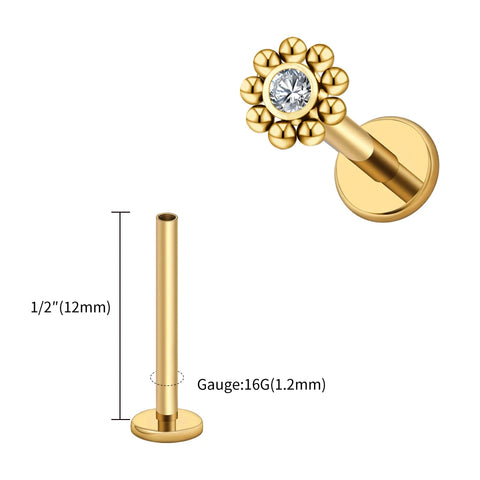 Titanium Mini Beaded Sun Labret Stud CZ Flower Tragus Cartilage Helix