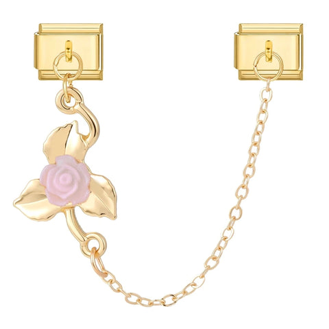 Golden Pink Zircon Flowers Rose Leaves Tassel Chain Charm Links