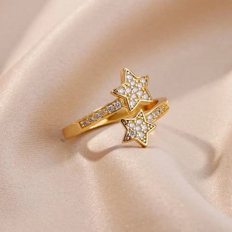 Zircon Double Star Rings For Women Girls Stainless Steel Gold Color y2k Ring