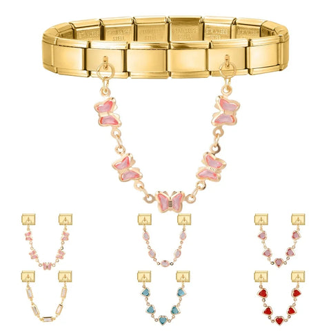 Golden Chain Heart Flowers Butterfly Charm Link