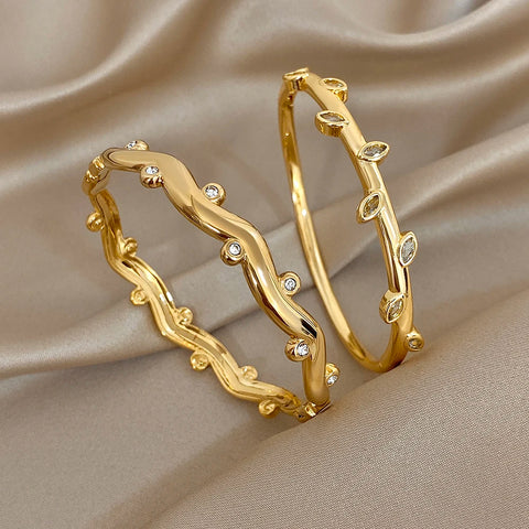 Rhinestone Leaf Wave Cuff Bracelet Bangles For Women