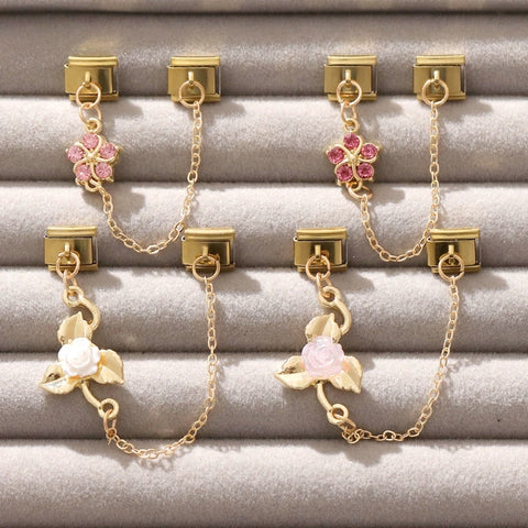 Golden Pink Zircon Flowers Rose Leaves Tassel Chain Charm Links