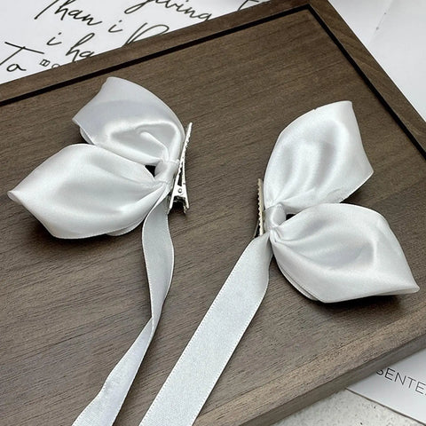 2pcs Sweet Bows Hair Clips Women White Ribbons Ponytails Clip