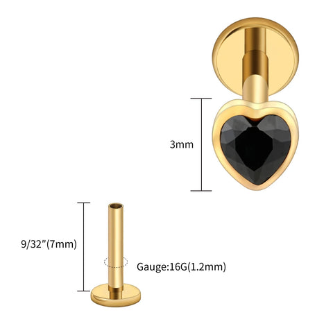 Titanium Heart Shaped CZ Flat Back Labret Stud Cartilage Helix Ear Piercing