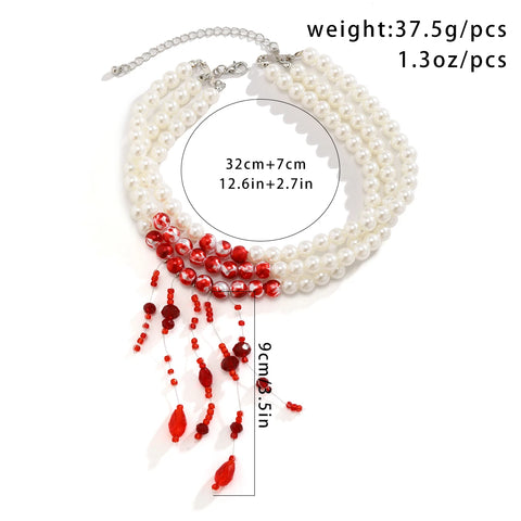 Multilayer Vintage Red Blood Pattern Imitation Pearl Tassel Pendant Necklace for Women