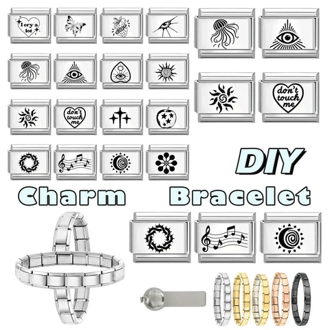 Black Engraving  Eye Jellyfish Butterfly Sun Moon Silver Charm Links