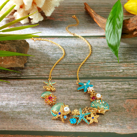 Starfish Shell Pearl Necklace for Women Summer Ocean Coral Scallop Pendant