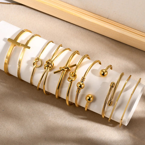 Fashion Minimalist Stainless Steel Knot Gold Plated Cuff Bracelet for Women