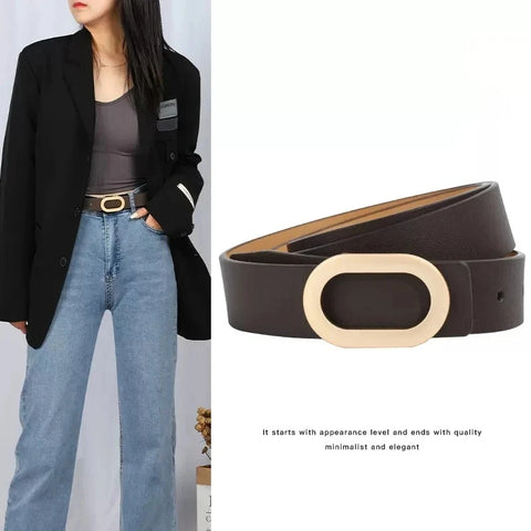 Women Round Square Buckle Pin Buckle Jeans Black Belt