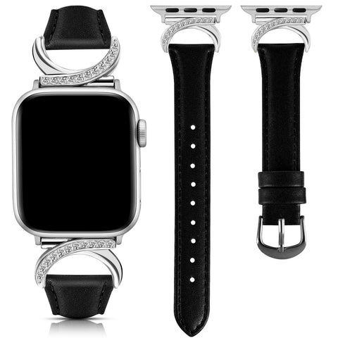 Suitable for Apple Watch 11/10/9/8/7/6/5/4 moon-shaped rhinestone leather straps