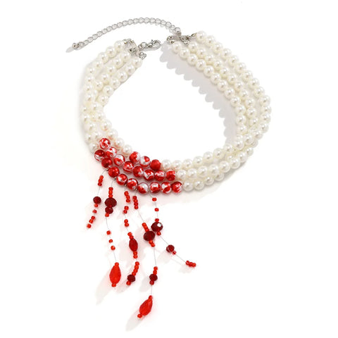 Multilayer Vintage Red Blood Pattern Imitation Pearl Tassel Pendant Necklace for Women