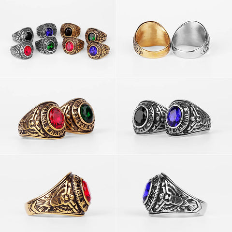 Stainless Steel Men Rings Rhinestone United States Army Punk Hip Hop for Biker Jewelry