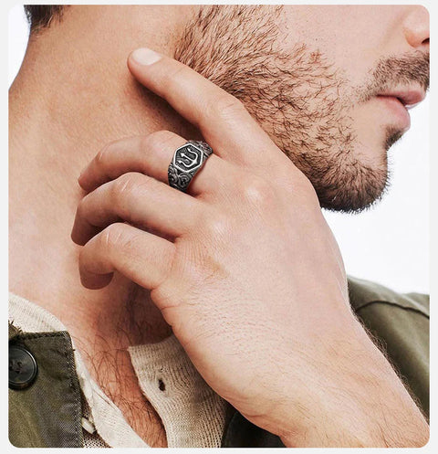 Tridant Signet Ring for Men Stainless Steel Geometric Top Stamp Finger Band