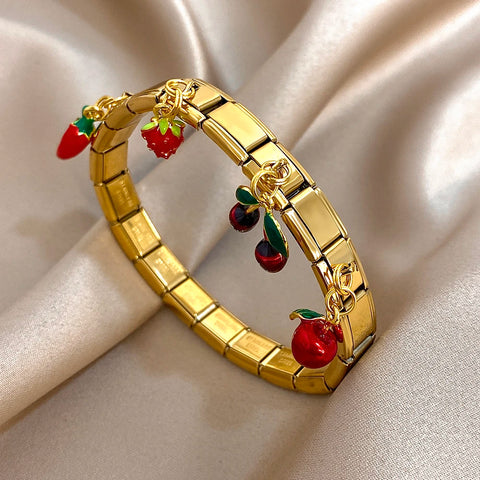 Stainless Steel Strawberry Pepper Cherry Pendant Elastic Bangles Bracelets