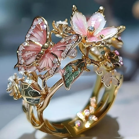 Aesthetic Flower Butterfly Rings for Female Romantic Rhinestone Stylish Opening Ring