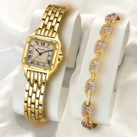 Women Stainless Steel Square Simple Design Men Quartz Watch Fashion Diamond