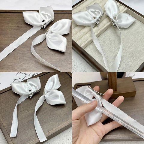 2pcs Sweet Bows Hair Clips Women White Ribbons Ponytails Clip