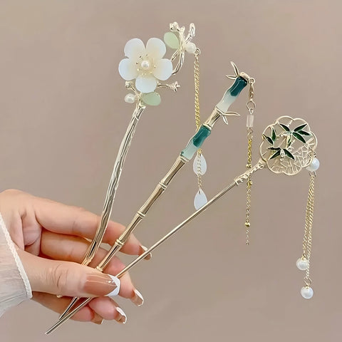 Elegant Chinese Style Hair Clip Tassel Hair Stick Traditional Floral Design