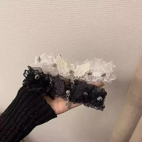 Fashion Solid Color Women Girls Necklace Wide Lace Rivets Lolita Lace Choker