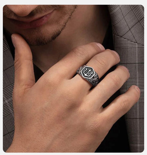 Tridant Signet Ring for Men Stainless Steel Geometric Top Stamp Finger Band