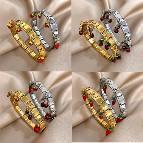 Stainless Steel Strawberry Pepper Cherry Pendant Elastic Bangles Bracelets